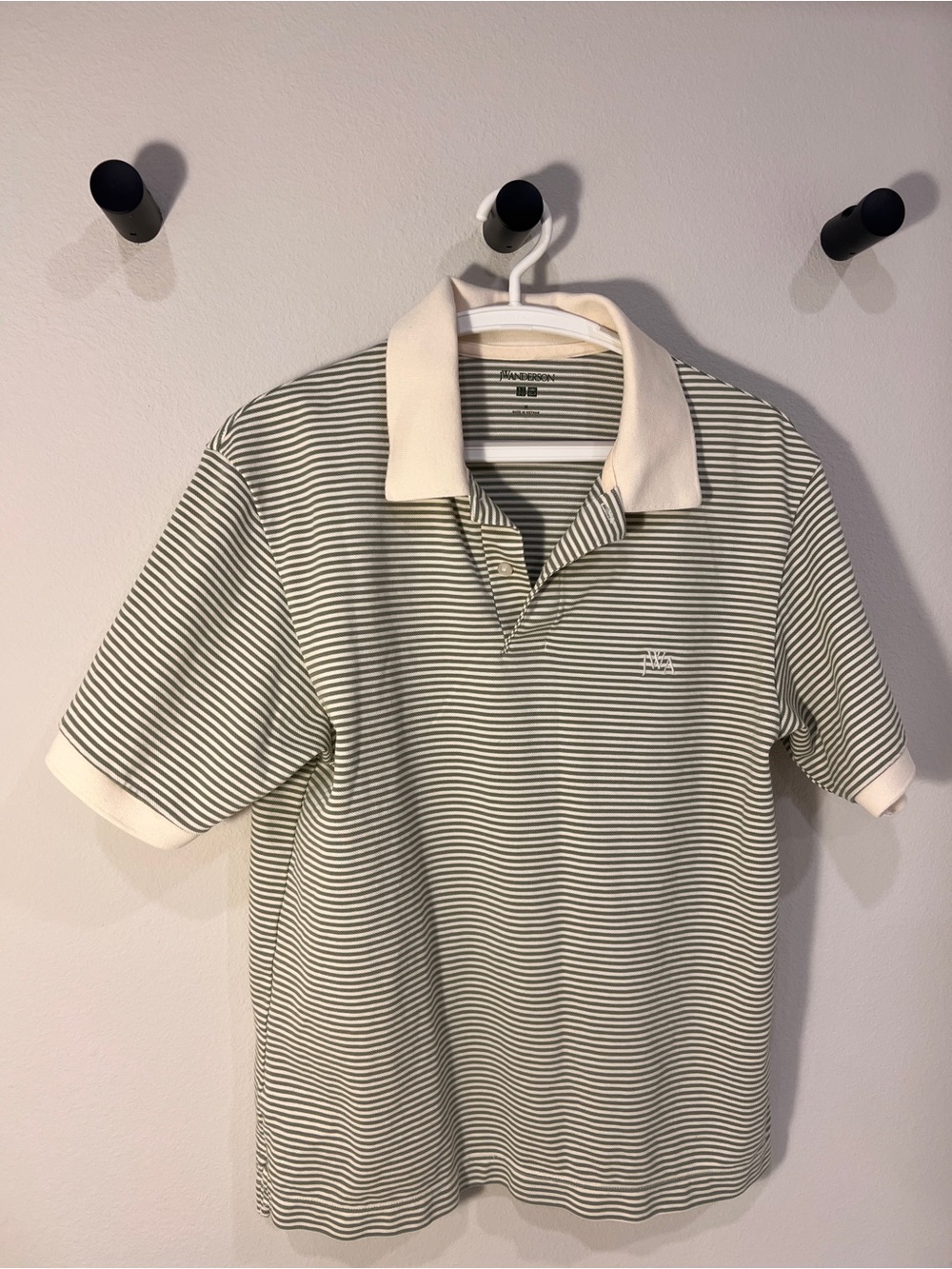 JW ANDERSON Olive Green and White Striped Polo with Contrast Collar